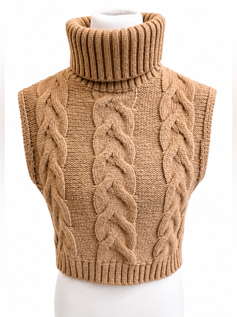 Zara Camel Cable Knit Turtleneck Sweater Vest Medium